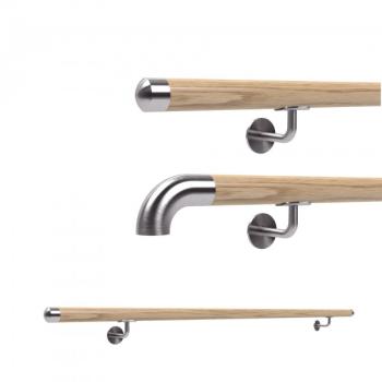 Holzhandlauf Set mit Inox Wandhalter und Endstücken Handlauf komplett aus Holz Ø 42,4mm Eiche Echtholz Massivholz